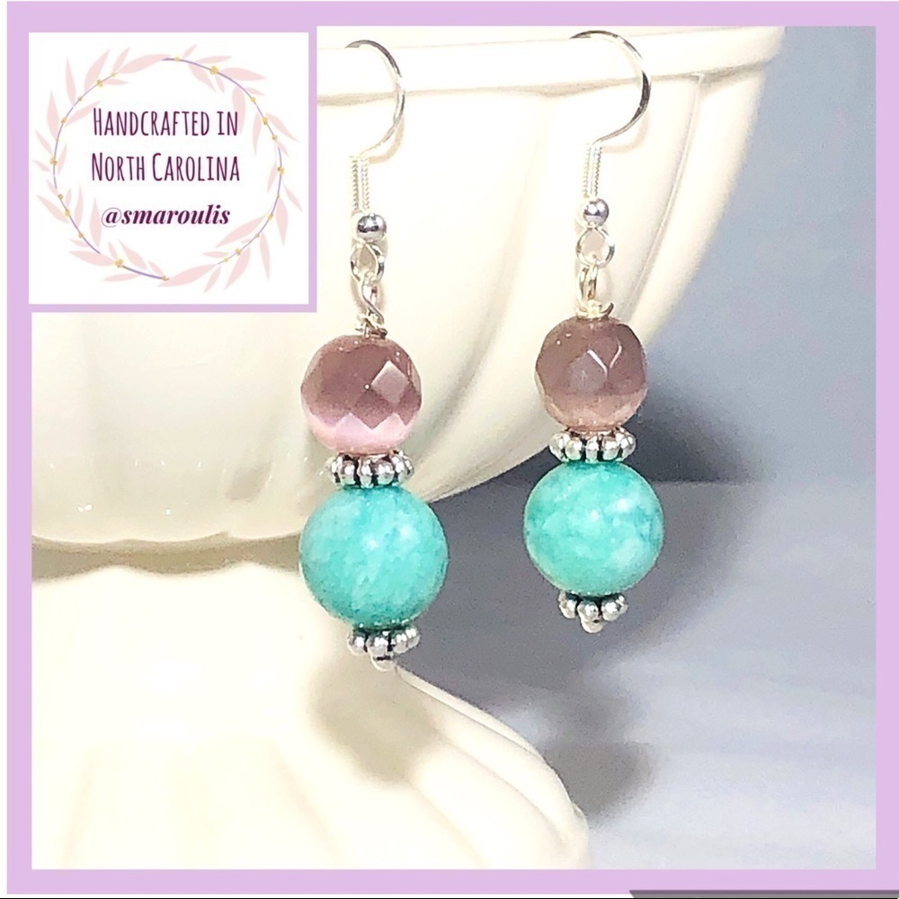 Handmade Sterling Silver Earrings Purple Cats Eye Everyday Chic Modern Staple - Picture 2 of 8